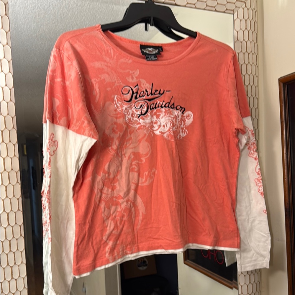 Harley-Davidson Coral Pink and White Layered-Style Long Sleeve Tee